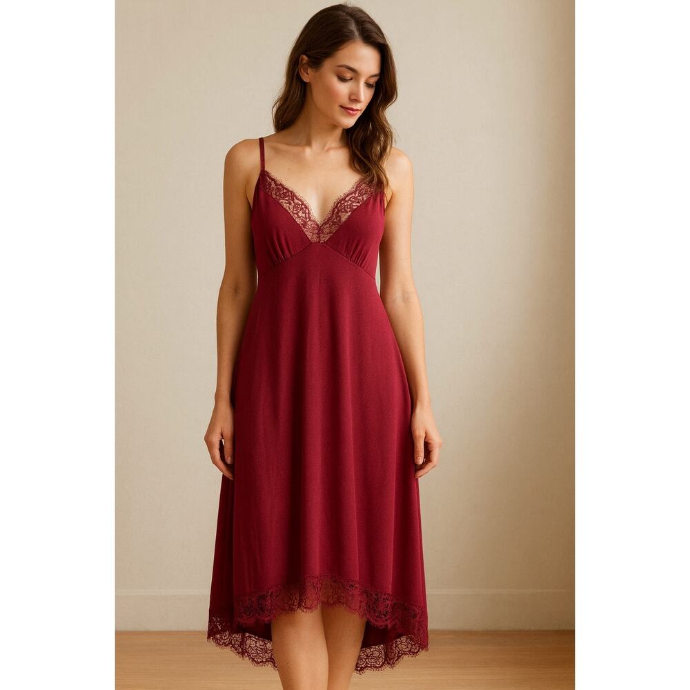 Lace Trim Slip Dress | Burgundy High Low Hem Adjustable Straps Coquette | XL